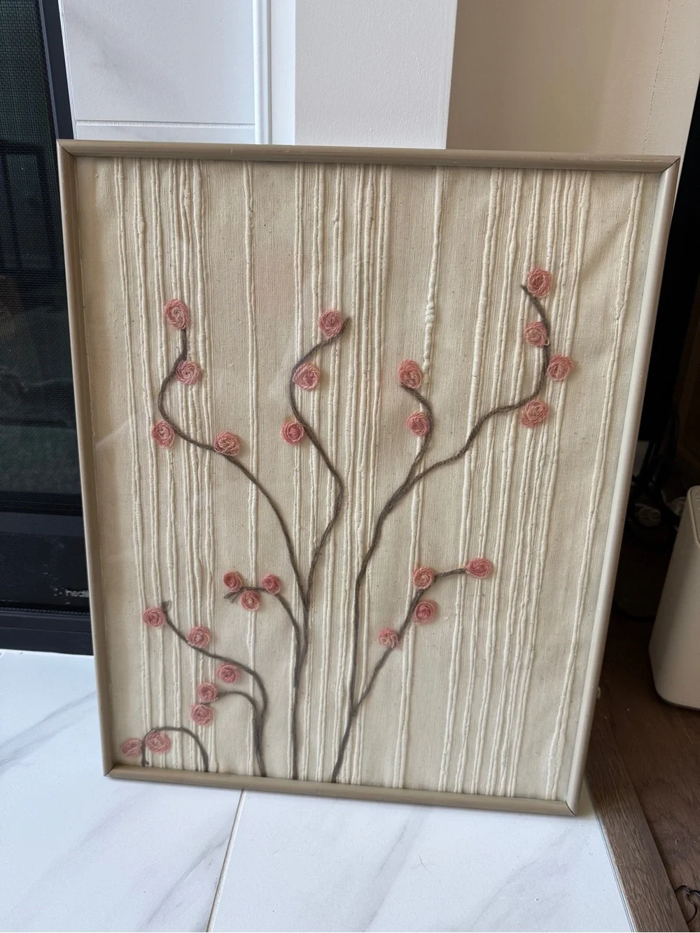 VTG 70s Framed Yarn Art 3D Pink Floral Fiber Art MCM Boho Decor 21